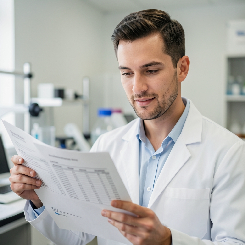 Portrait of male researcher reviewing printed ingredient data sheets in a clean workspace