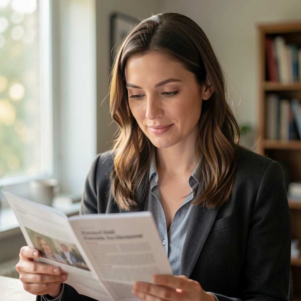 Portrait of female editor reviewing editorial content on a printed page in a quiet room with morning light