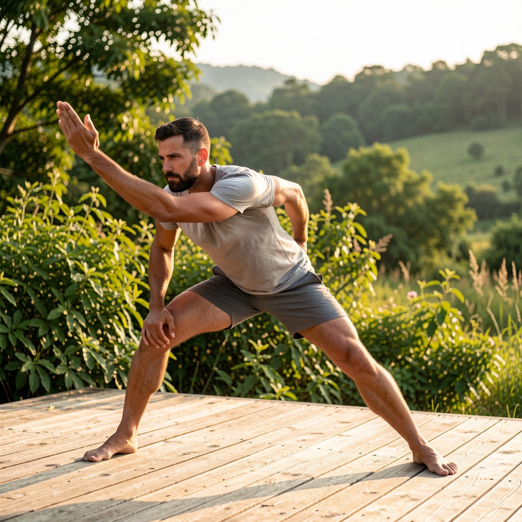 Man stretching in morning light outdoors on a wooden deck surrounded by green foliage and natural landscape